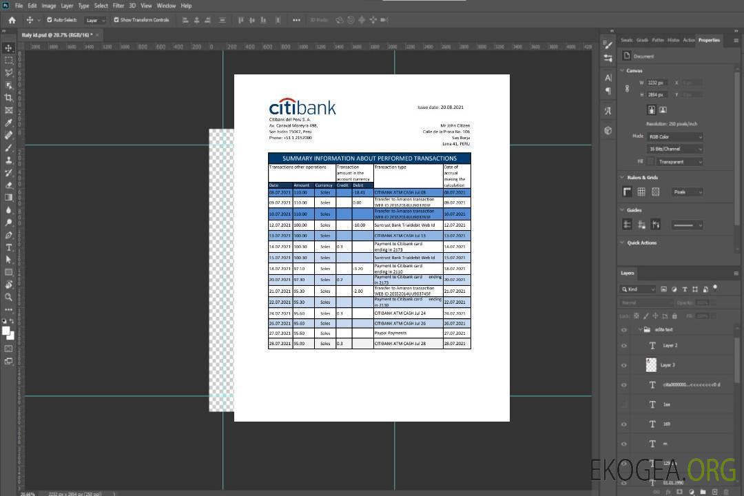 Modèle de relevé bancaire Citibank du Pérou facile à remplir au format de fichier .xls et .pdf template